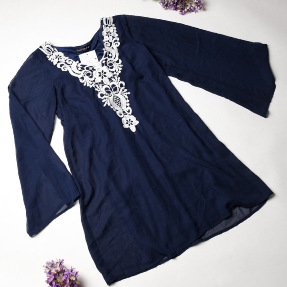 NWOT CRYSTAL DOLL Navy Blue/Lace Dress Small boho elegant dress small Size S